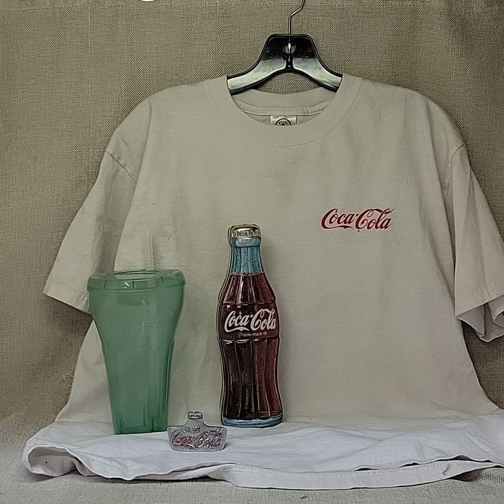 Coca Cola Bundle..shirt, Plastic Glass,‎ Candy Tin, Opener.